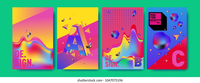 Abstract liquid and geometric colorful background poster and cover design. Blue, yellow, red, orange, pink and green. Vector alphabet poster template in Eps10.