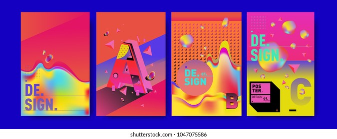 Abstract liquid and geometric colorful background poster and cover design. Blue, yellow, red, orange, pink and green. Vector alphabet poster template in Eps10.