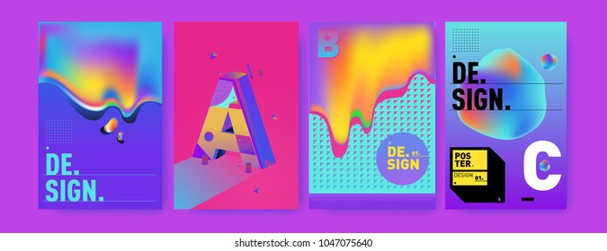 Abstract liquid and geometric colorful background poster and cover design. Blue, yellow, red, orange, pink and green. Vector alphabet poster template in Eps10.