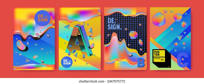 Abstract liquid and geometric colorful background poster and cover design. Blue, yellow, red, orange, pink and green. Vector alphabet poster template in Eps10.