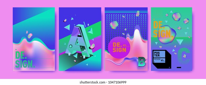 Abstract liquid and geometric colorful background poster and cover design. Blue, yellow, red, orange, pink and green. Vector alphabet poster template in Eps10.