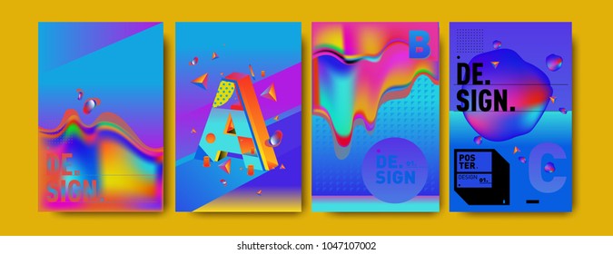 Abstract liquid and geometric colorful background poster and cover design. Blue, yellow, red, orange, pink and green. Vector alphabet poster template in Eps10.