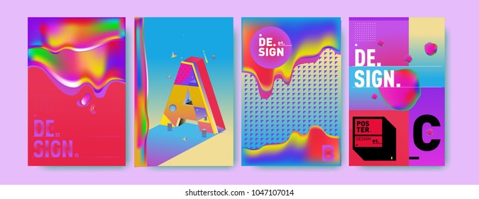 Abstract liquid and geometric colorful background poster and cover design. Blue, yellow, red, orange, pink and green. Vector alphabet poster template in Eps10.