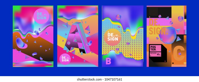 Abstract liquid and geometric colorful background poster and cover design. Blue, yellow, red, orange, pink and green. Vector alphabet poster template in Eps10.