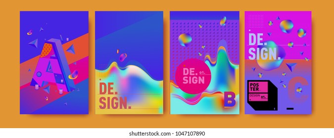 Abstract liquid and geometric colorful background poster and cover design. Blue, yellow, red, orange, pink and green. Vector alphabet poster template in Eps10.