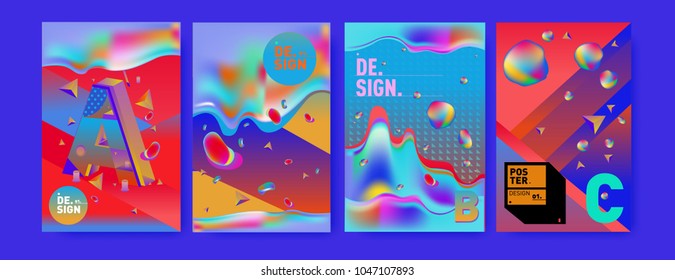 Abstract liquid and geometric colorful background poster and cover design. Blue, yellow, red, orange, pink and green. Vector alphabet poster template in Eps10.