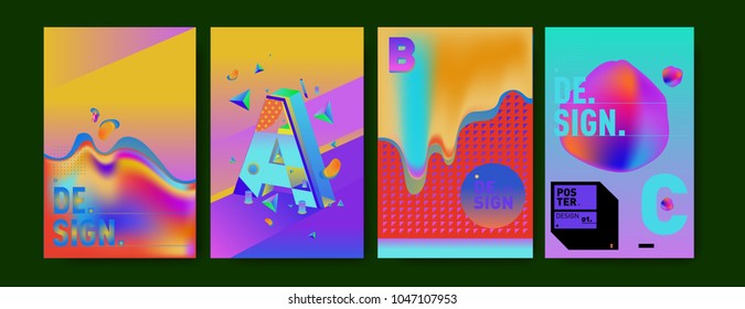 Abstract liquid and geometric colorful background poster and cover design. Blue, yellow, red, orange, pink and green. Vector alphabet poster template in Eps10.