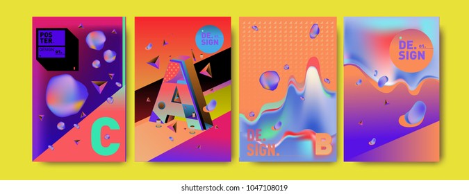 Abstract liquid and geometric colorful background poster and cover design. Blue, yellow, red, orange, pink and green. Vector alphabet poster template in Eps10.