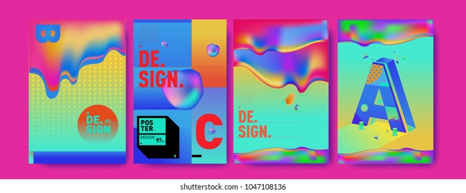 Abstract liquid and geometric colorful background poster and cover design. Blue, yellow, red, orange, pink and green. Vector alphabet poster template in Eps10.