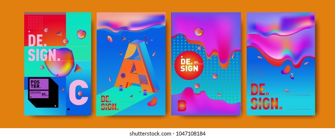 Abstract liquid and geometric colorful background poster and cover design. Blue, yellow, red, orange, pink and green. Vector alphabet poster template in Eps10.