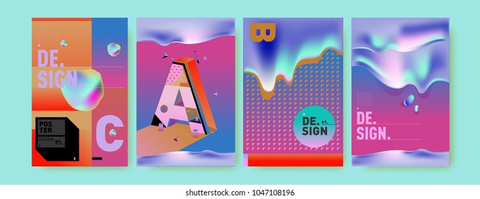 Abstract liquid and geometric colorful background poster and cover design. Blue, yellow, red, orange, pink and green. Vector alphabet poster template in Eps10.