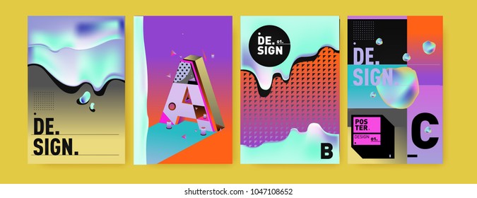 Abstract liquid and geometric colorful background poster and cover design. Blue, yellow, red, orange, pink and green. Vector alphabet poster template in Eps10.