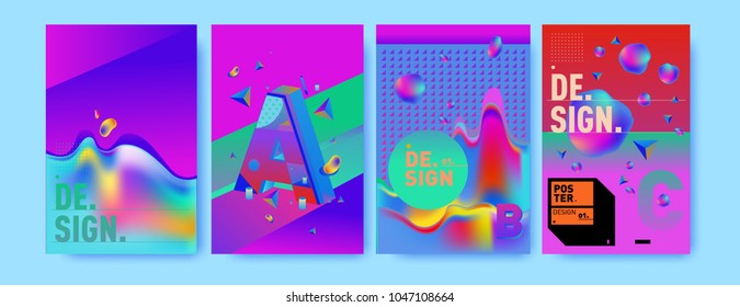Abstract liquid and geometric colorful background poster and cover design. Blue, yellow, red, orange, pink and green. Vector alphabet poster template in Eps10.