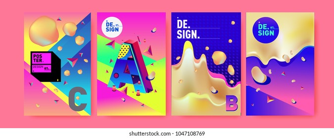 Abstract liquid and geometric colorful background poster and cover design. Blue, yellow, red, orange, pink and green. Vector alphabet poster template in Eps10.