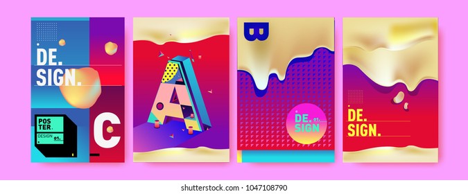 Abstract liquid and geometric colorful background poster and cover design. Blue, yellow, red, orange, pink and green. Vector alphabet poster template in Eps10.