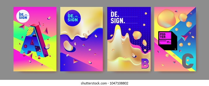 Abstract liquid and geometric colorful background poster and cover design. Blue, yellow, red, orange, pink and green. Vector alphabet poster template in Eps10.