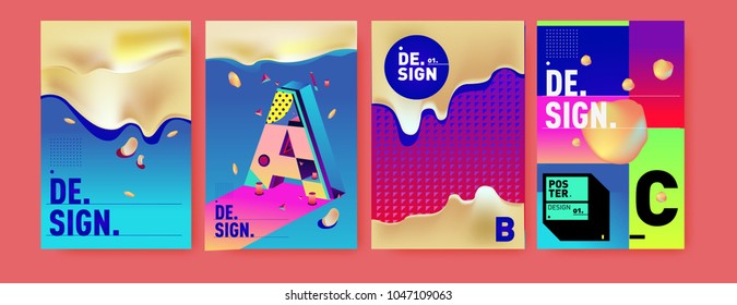 Abstract liquid and geometric colorful background poster and cover design. Blue, yellow, red, orange, pink and green. Vector alphabet poster template in Eps10.