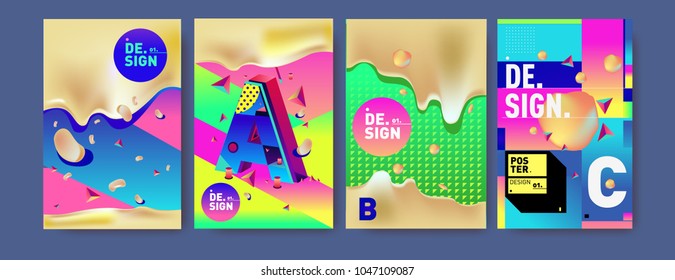 Abstract liquid and geometric colorful background poster and cover design. Blue, yellow, red, orange, pink and green. Vector alphabet poster template in Eps10.