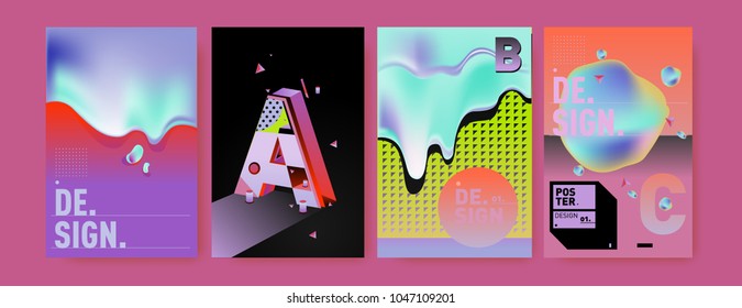 Abstract liquid and geometric colorful background poster and cover design. Blue, yellow, red, orange, pink and green. Vector alphabet poster template in Eps10.