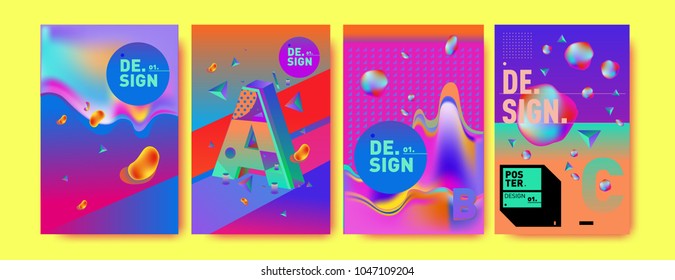 Abstract liquid and geometric colorful background poster and cover design. Blue, yellow, red, orange, pink and green. Vector alphabet poster template in Eps10.
