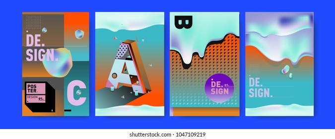 Abstract liquid and geometric colorful background poster and cover design. Blue, yellow, red, orange, pink and green. Vector alphabet poster template in Eps10.