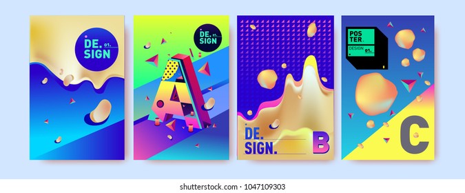 Abstract liquid and geometric colorful background poster and cover design. Blue, yellow, red, orange, pink and green. Vector alphabet poster template in Eps10.