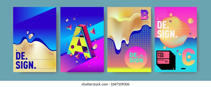 Abstract liquid and geometric colorful background poster and cover design. Blue, yellow, red, orange, pink and green. Vector alphabet poster template in Eps10.