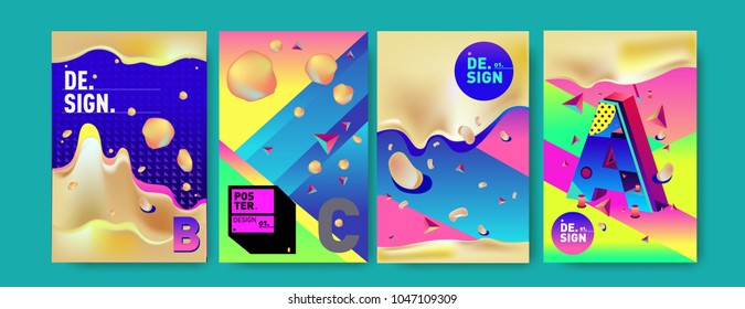 Abstract liquid and geometric colorful background poster and cover design. Blue, yellow, red, orange, pink and green. Vector alphabet poster template in Eps10.
