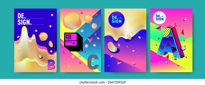 Abstract liquid and geometric colorful background poster and cover design. Blue, yellow, red, orange, pink and green. Vector alphabet poster template in Eps10.