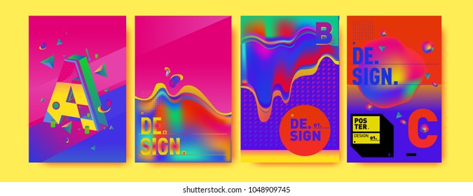 Abstract liquid and geometric colorful background poster and cover design. Blue, yellow, red, orange, pink and green. Vector alphabet poster template in Eps10.