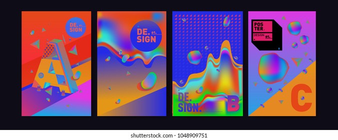 Abstract liquid and geometric colorful background poster and cover design. Blue, yellow, red, orange, pink and green. Vector alphabet poster template in Eps10.