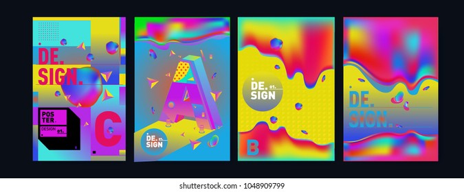 Abstract liquid and geometric colorful background poster and cover design. Blue, yellow, red, orange, pink and green. Vector alphabet poster template in Eps10.