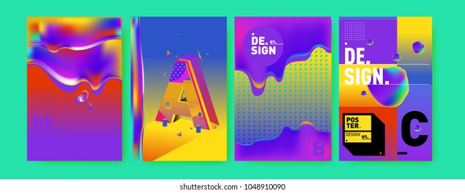 Abstract liquid and geometric colorful background poster and cover design. Blue, yellow, red, orange, pink and green. Vector alphabet poster template in Eps10.