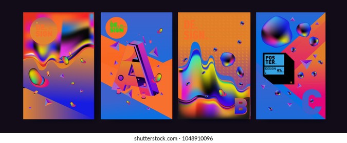 Abstract liquid and geometric colorful background poster and cover design. Blue, yellow, red, orange, pink and green. Vector alphabet poster template in Eps10.
