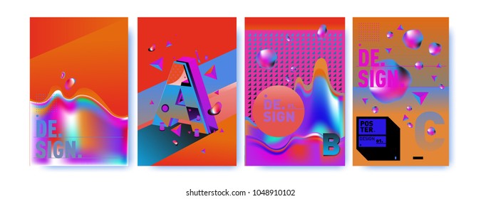 Diseño abstracto de carteles de fondo líquido y geométrico coloreado. Azul, amarillo, rojo, naranja, rosa y verde. Plantilla de afiche del alfabeto vector en Eps10.