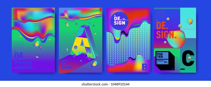 Abstract liquid and geometric colorful background poster and cover design. Blue, yellow, red, orange, pink and green. Vector alphabet poster template in Eps10.