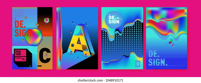 Abstract liquid and geometric colorful background poster and cover design. Blue, yellow, red, orange, pink and green. Vector alphabet poster template in Eps10.