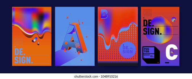 Abstract liquid and geometric colorful background poster and cover design. Blue, yellow, red, orange, pink and green. Vector alphabet poster template in Eps10.