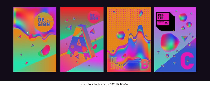 Abstract liquid and geometric colorful background poster and cover design. Blue, yellow, red, orange, pink and green. Vector alphabet poster template in Eps10.