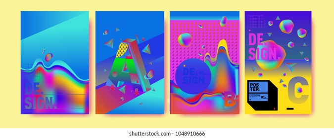 Abstract liquid and geometric colorful background poster and cover design. Blue, yellow, red, orange, pink and green. Vector alphabet poster template in Eps10.