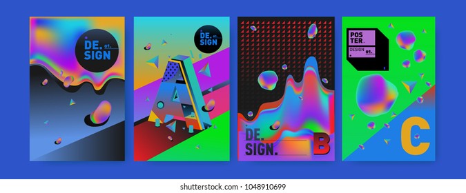 Abstract liquid and geometric colorful background poster and cover design. Blue, yellow, red, orange, pink and green. Vector alphabet poster template in Eps10.