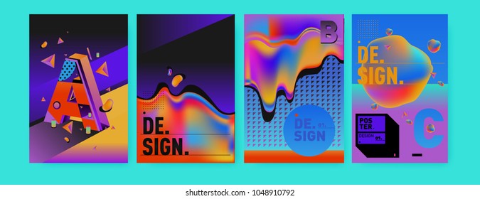 Abstract liquid and geometric colorful background poster and cover design. Blue, yellow, red, orange, pink and green. Vector alphabet poster template in Eps10.