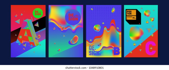 Abstract liquid and geometric colorful background poster and cover design. Blue, yellow, red, orange, pink and green. Vector alphabet poster template in Eps10.
