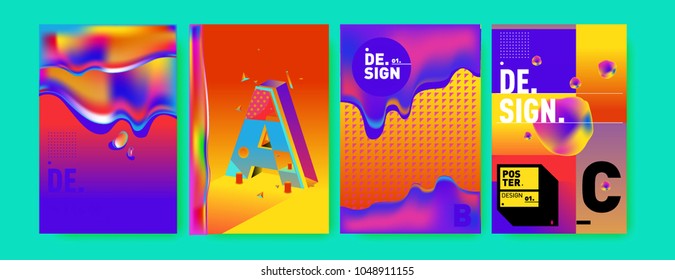 Abstract liquid and geometric colorful background poster and cover design. Blue, yellow, red, orange, pink and green. Vector alphabet poster template in Eps10.
