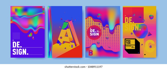 Abstract liquid and geometric colorful background poster and cover design. Blue, yellow, red, orange, pink and green. Vector alphabet poster template in Eps10.