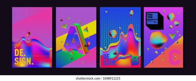 Abstract liquid and geometric colorful background poster and cover design. Blue, yellow, red, orange, pink and green. Vector alphabet poster template in Eps10.