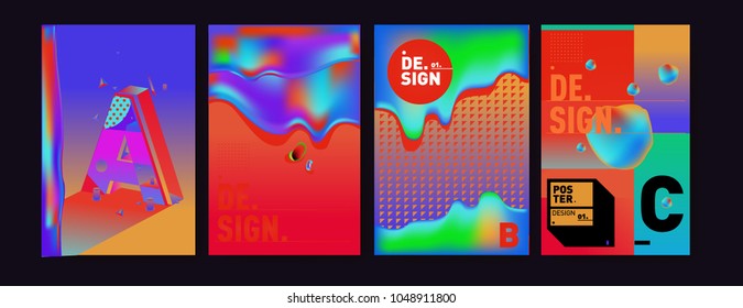 Abstract liquid and geometric colorful background poster and cover design. Blue, yellow, red, orange, pink and green. Vector alphabet poster template in Eps10.