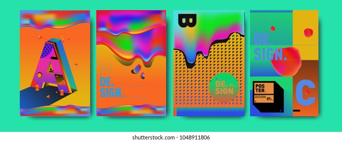 Abstract liquid and geometric colorful background poster and cover design. Blue, yellow, red, orange, pink and green. Vector alphabet poster template in Eps10.