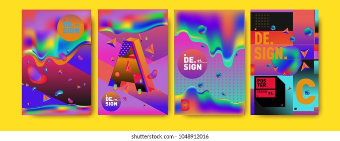 Abstract liquid and geometric colorful background poster and cover design. Blue, yellow, red, orange, pink and green. Vector alphabet poster template in Eps10.