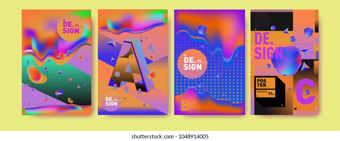 Abstract liquid and geometric colorful background poster and cover design. Blue, yellow, red, orange, pink and green. Vector alphabet poster template in Eps10.